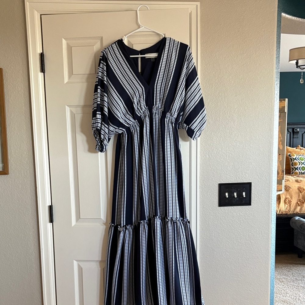 Taylor Navy and White Long Sleeve Dress